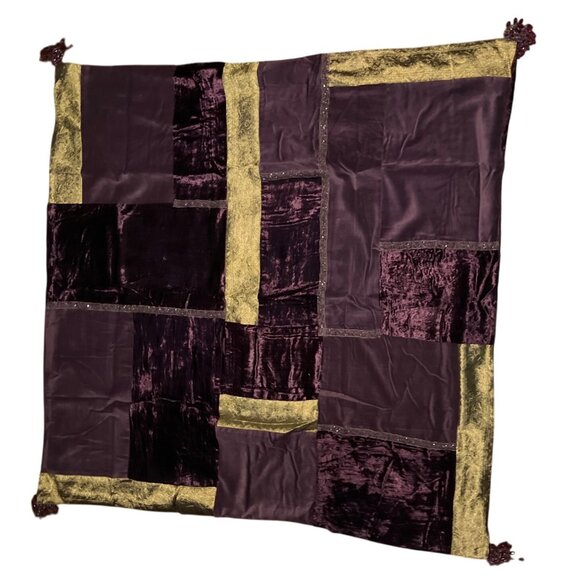 Plum & Gold Patchwork Table Cloth 49x49 Inches CBK India Boho Throw - Picture 3 of 7